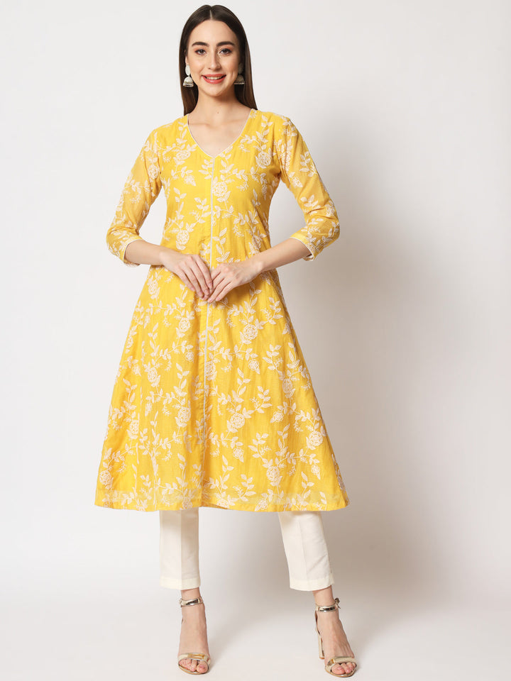 anokherang Combos Yellow Kota Embroidered A-Line Kurti with Straight Pants