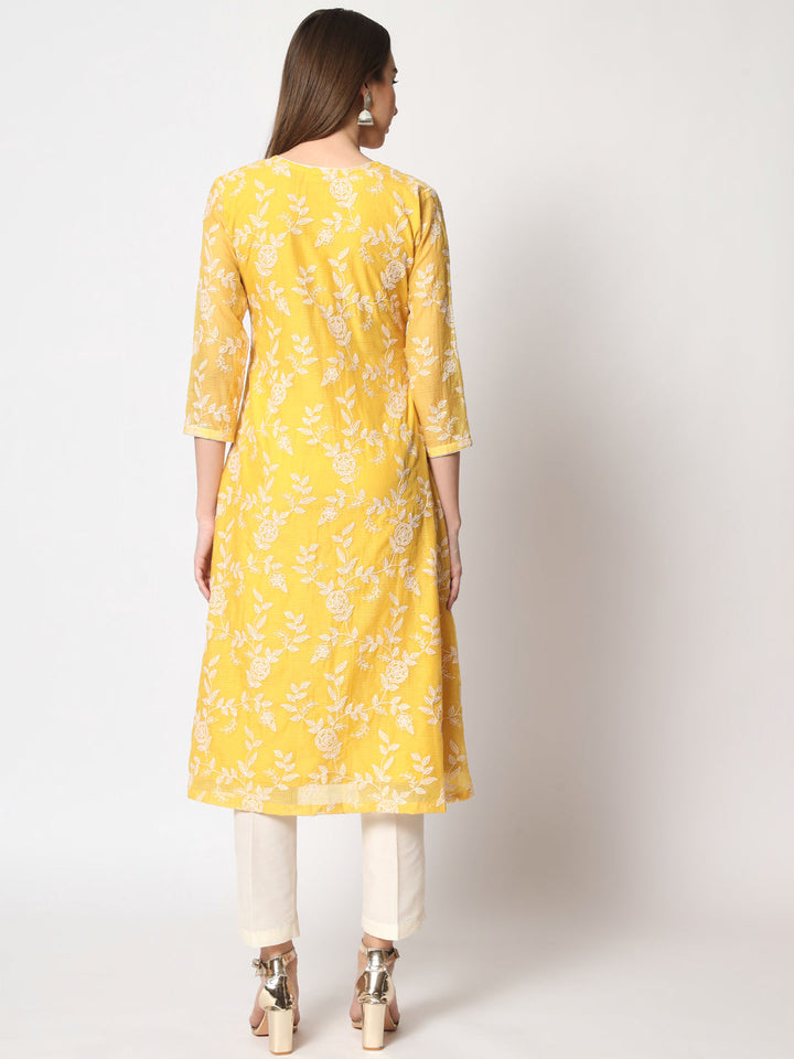 anokherang Combos Yellow Kota Embroidered A-Line Kurti with Straight Pants