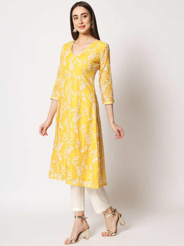 anokherang Combos Yellow Kota Embroidered A-Line Kurti with Straight Pants