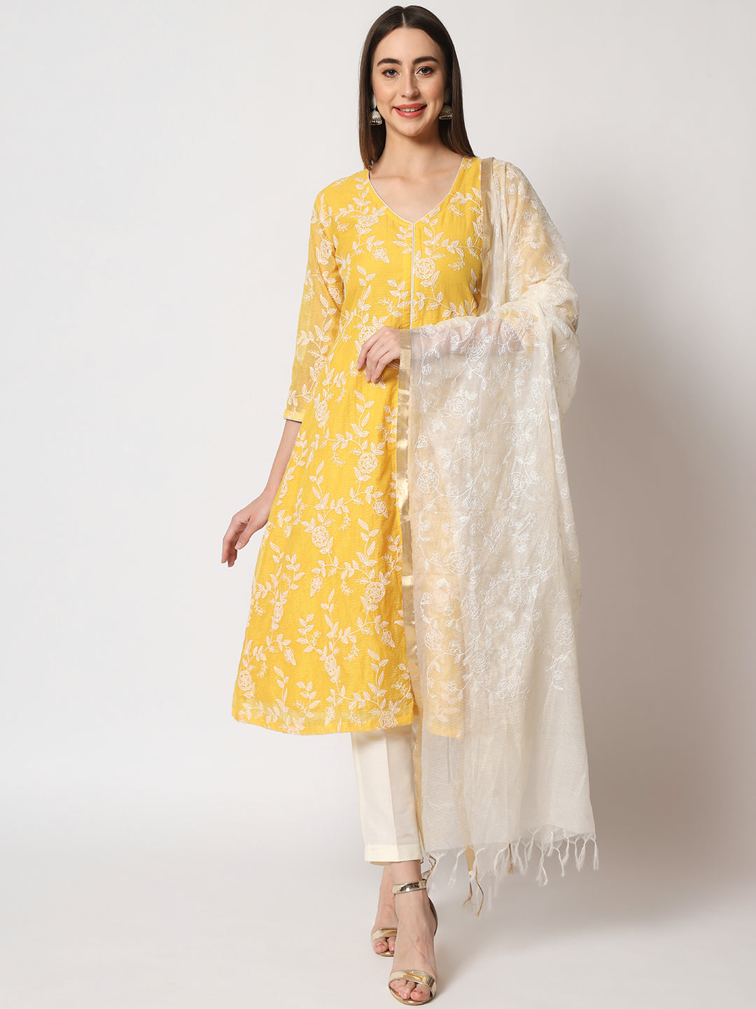 Yellow Kota Embroidered ALine Kurti with Straight Pants  anokherang