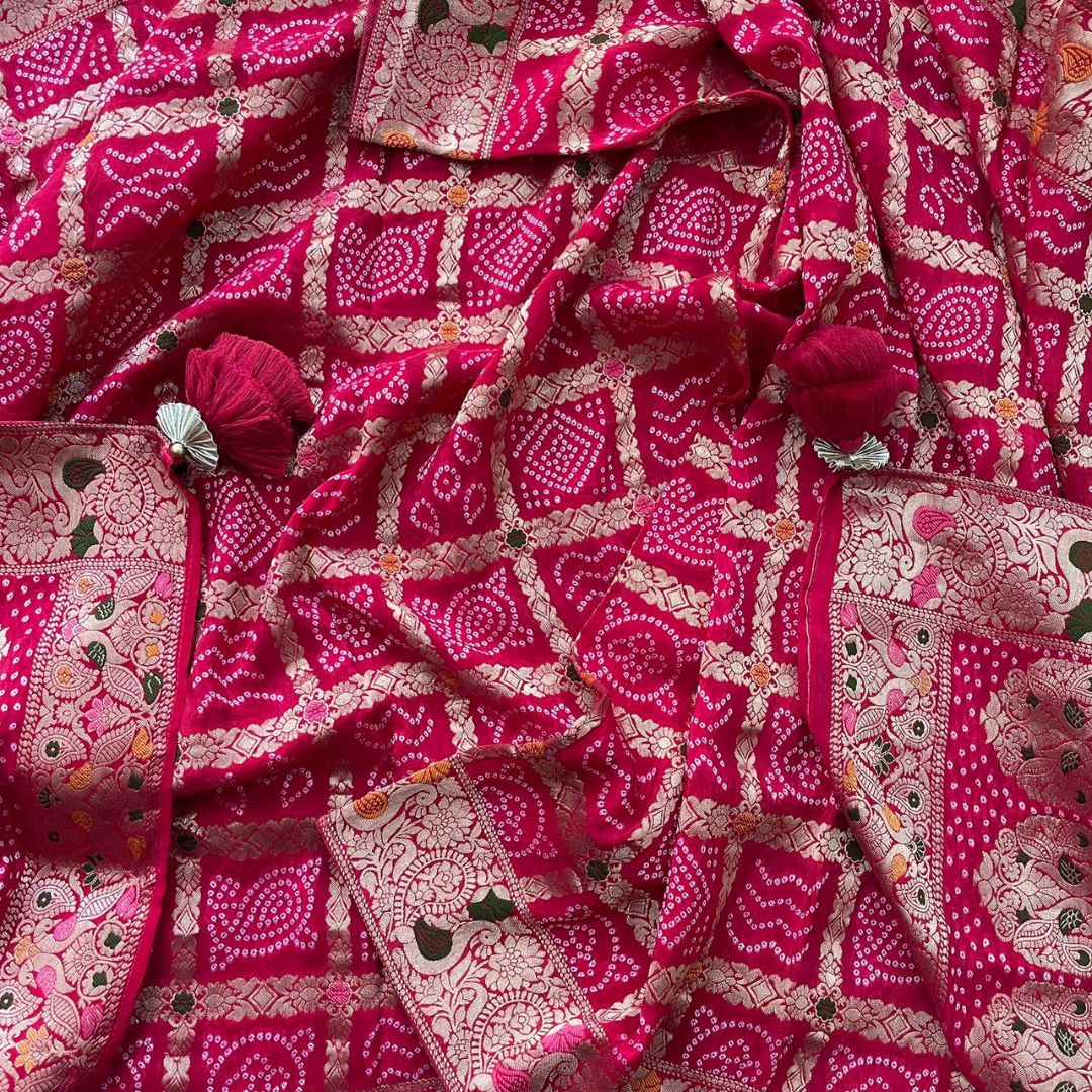 Andaaz Pink Silk Banarsi Bandhej Dupatta – anokherang