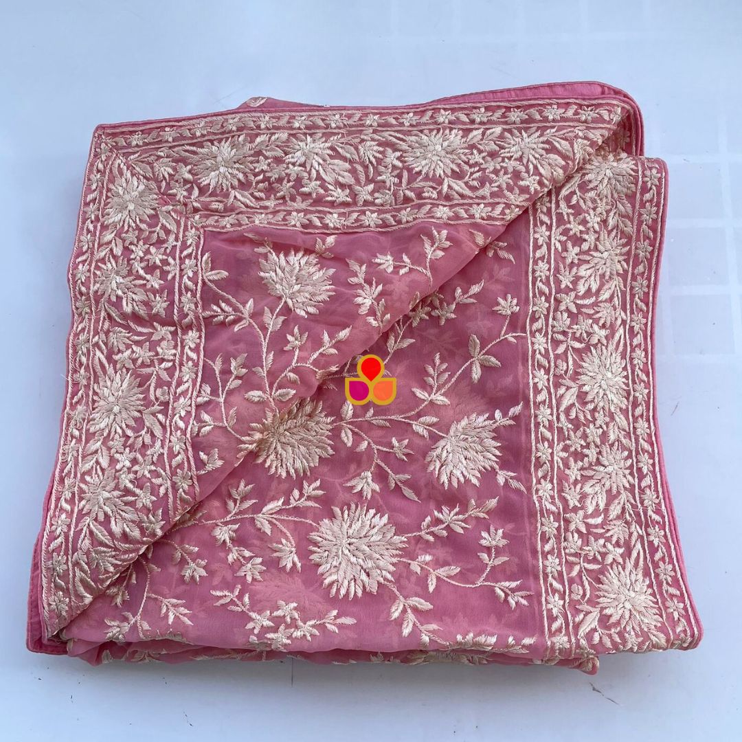 Baby Pink Embroidered Parsi Gara Georgette White Thread Work Dupatta ...