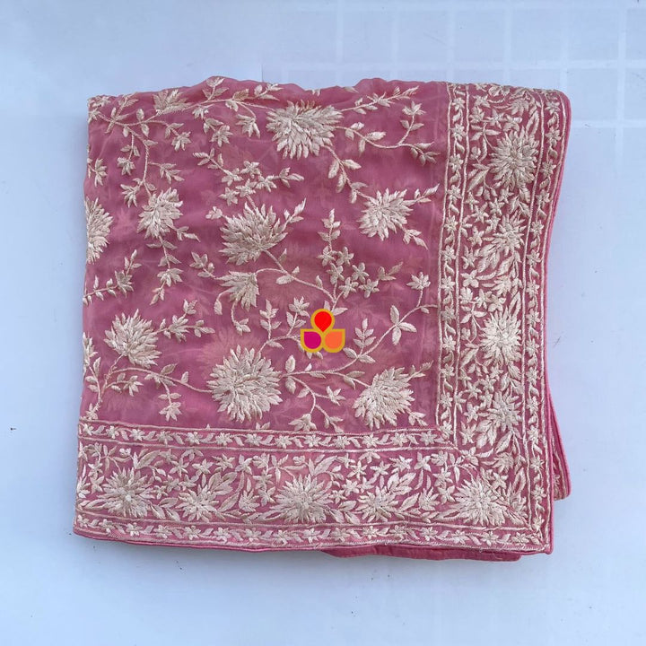 anokherang Dupattas Baby Pink Embroidered Parsi Gara Georgette White Thread Work Dupatta
