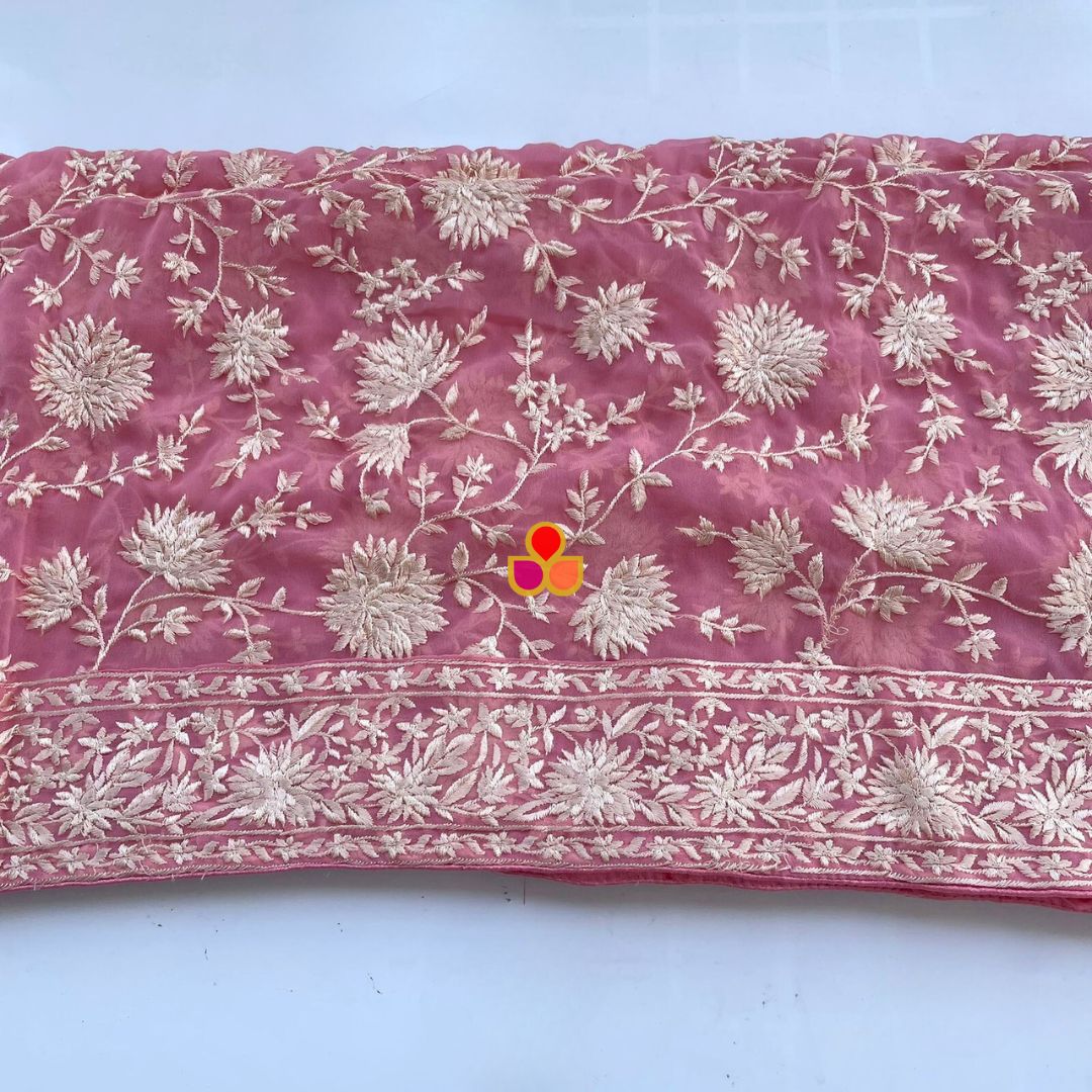 Baby Pink Embroidered Parsi Gara Georgette White Thread Work Dupatta ...