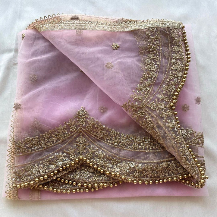 anokherang Dupattas Baby Pink Sequin Zari Scalloped Net Dupatta