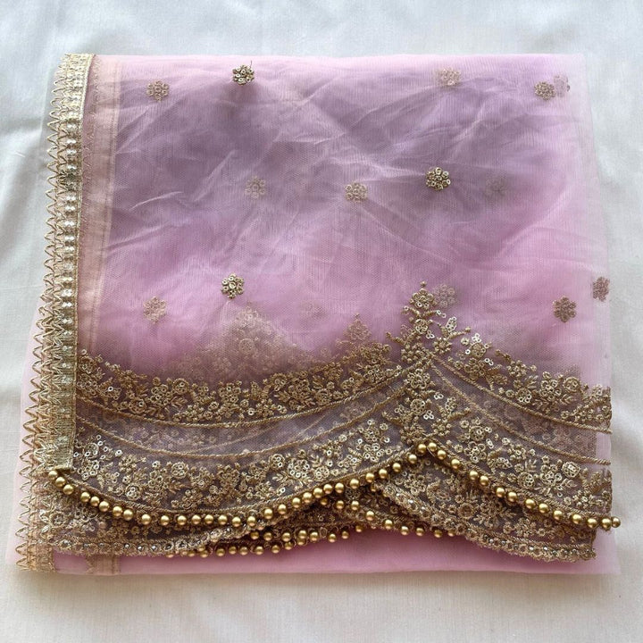 anokherang Dupattas Baby Pink Sequin Zari Scalloped Net Dupatta