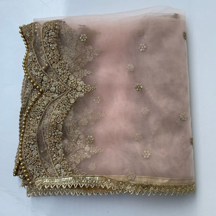 anokherang Dupattas Baby Pink Sequin Zari Scalloped Net Dupatta