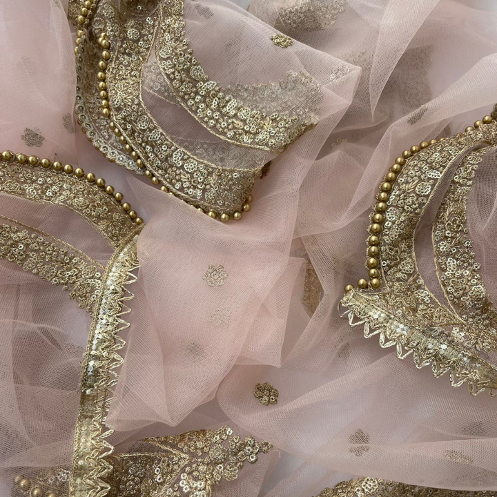 anokherang Dupattas Baby Pink Sequin Zari Scalloped Net Dupatta