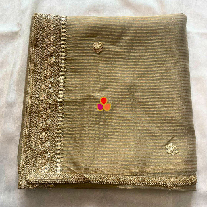 anokherang Dupattas Beige & Gold Striped Organza Dupatta