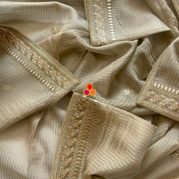 anokherang Dupattas Beige & Gold Striped Organza Dupatta