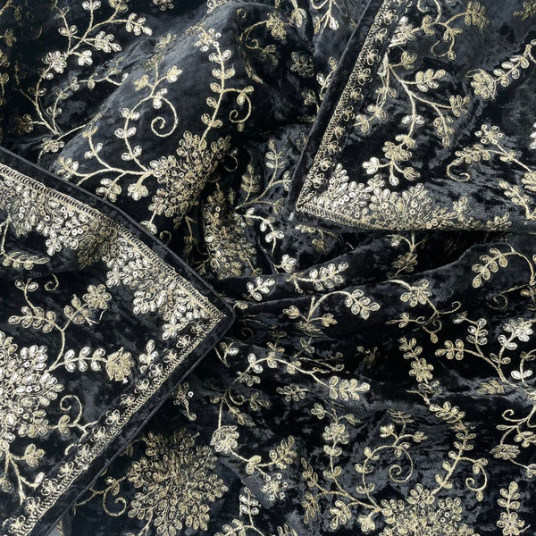 anokherang Dupattas Black Floral Grace Sequin Zari Embroidered Velvet Dupatta