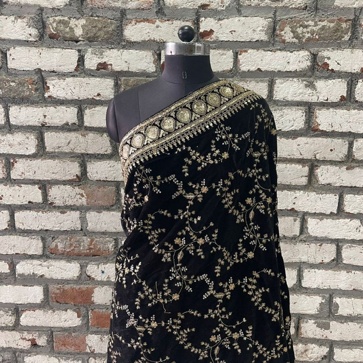 anokherang Dupattas Black Floral Grace Zari Embroidered Velvet Dupatta