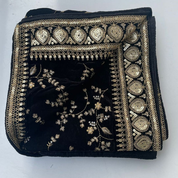 anokherang Dupattas Black Floral Grace Zari Embroidered Velvet Dupatta