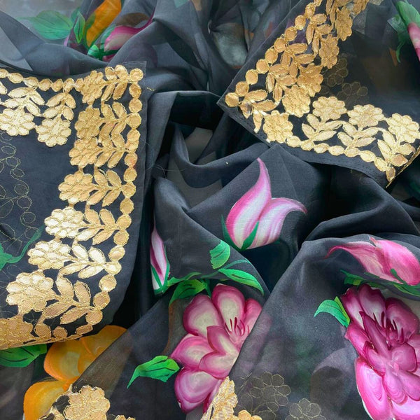 anokherang Dupattas Black Floral Hand Painted Organza Gotta Embroidered Dupatta