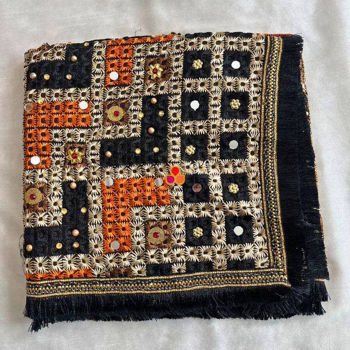 anokherang Dupattas Black Mirror Embroidered Phulkari Chinon Dupatta