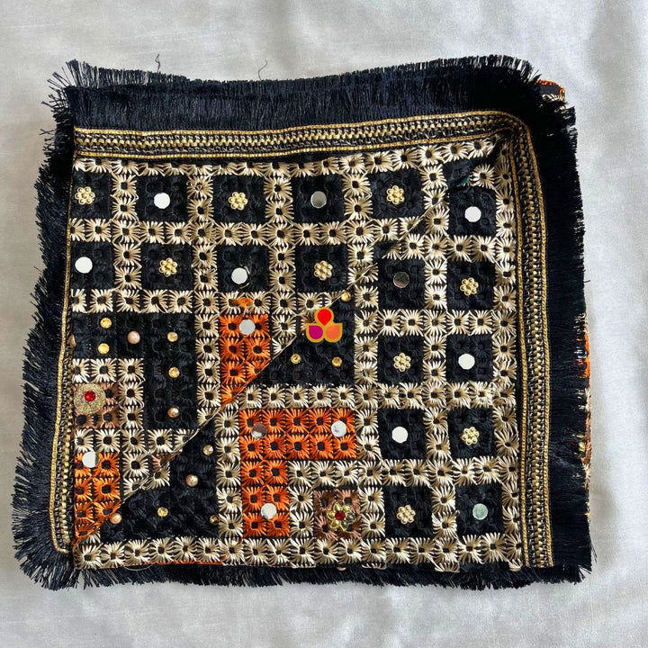 anokherang Dupattas Black Mirror Embroidered Phulkari Chinon Dupatta
