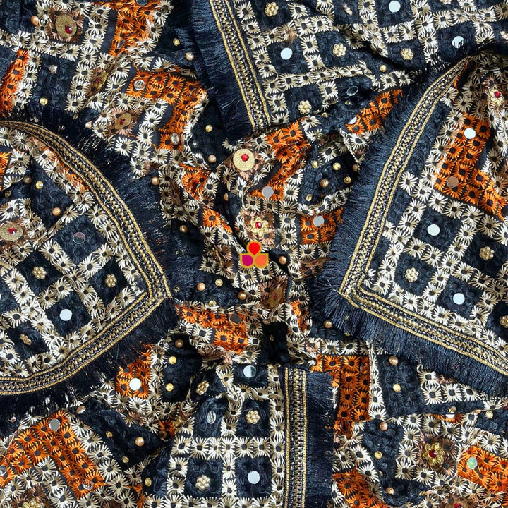 anokherang Dupattas Black Mirror Embroidered Phulkari Chinon Dupatta