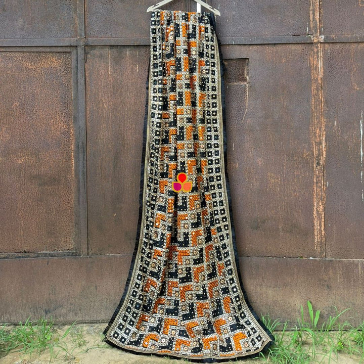 anokherang Dupattas Black Mirror Embroidered Phulkari Chinon Dupatta