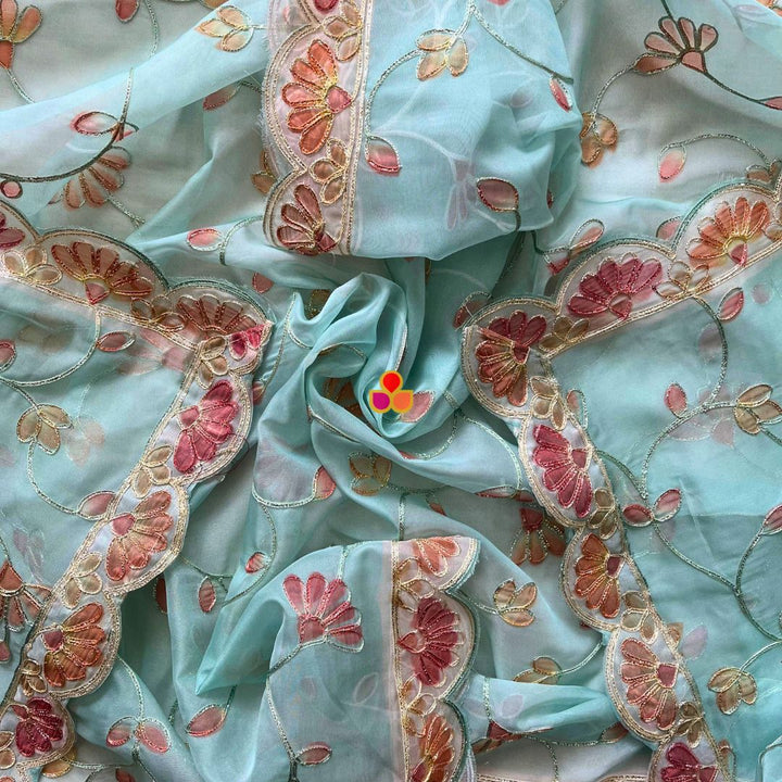 anokherang Dupattas Blue Bloom Floral Embroidered Organza Dupata