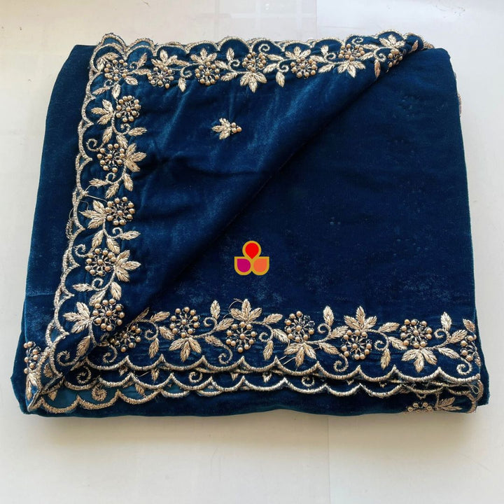 anokherang Dupattas Blue Pearl Zari Embroidered Soft Velvet Scalloped Dupatta