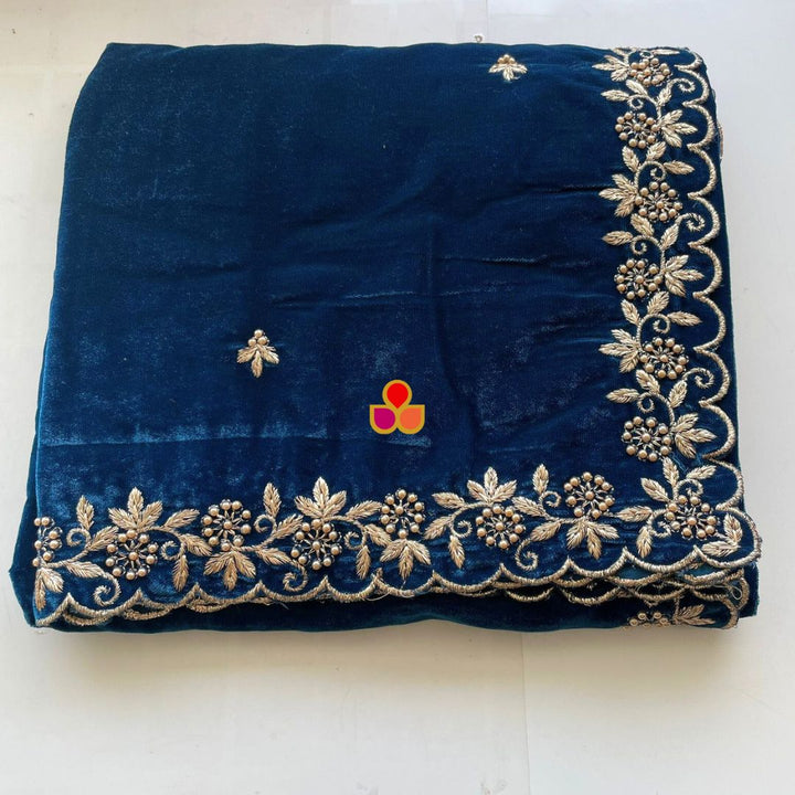 anokherang Dupattas Blue Pearl Zari Embroidered Soft Velvet Scalloped Dupatta