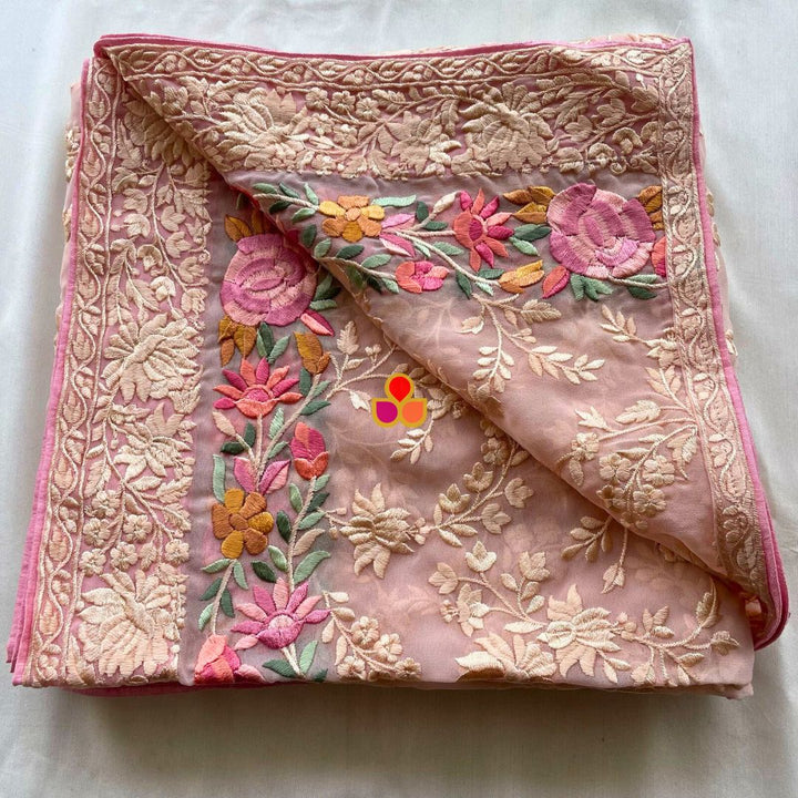 anokherang Dupattas Blush Pink Embroidered Parsi Gara Georgette Multicolor Thread Work Dupatta