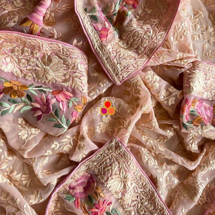 anokherang Dupattas Blush Pink Embroidered Parsi Gara Georgette Multicolor Thread Work Dupatta