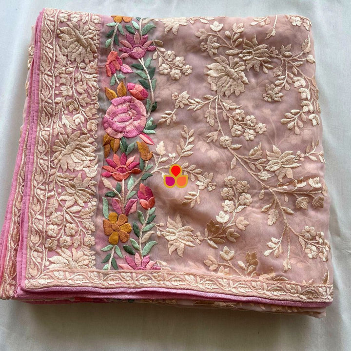 anokherang Dupattas Blush Pink Embroidered Parsi Gara Georgette Multicolor Thread Work Dupatta
