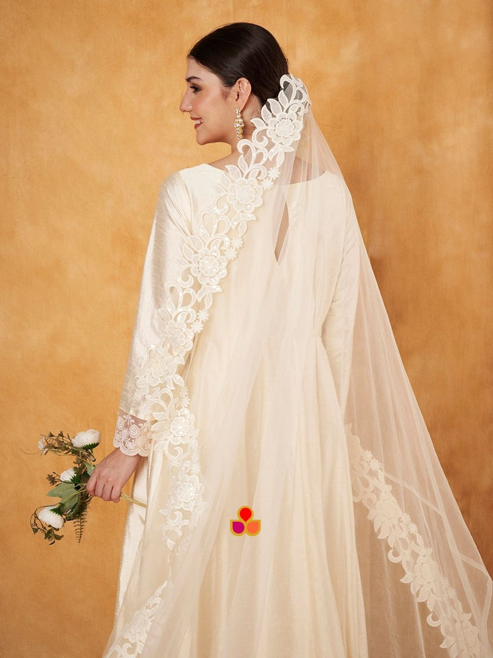 anokherang Dupattas Bridal Ada Ivory Veil Sequenced Cutwork Net Veil