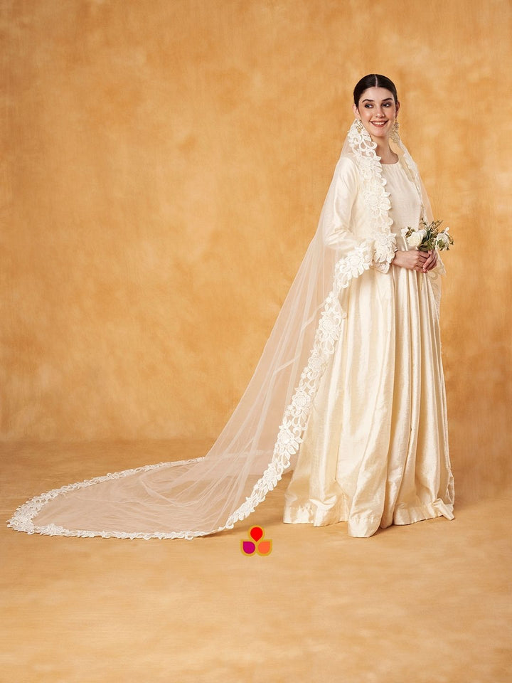 anokherang Dupattas Bridal Ada Ivory Veil Sequenced Cutwork Net Veil