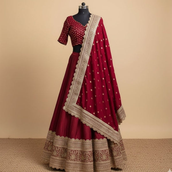 anokherang Dupattas Bridal Ada Maroon Floral Embroidered Scalloped Silk Dupatta