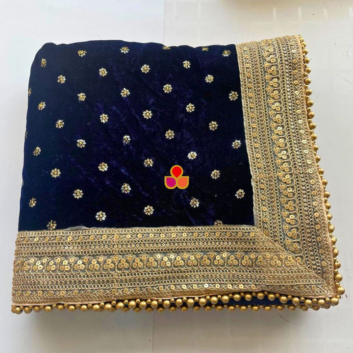 anokherang Dupattas Bridal Afsana Blue Embroidered Sequin Velvet Dupatta