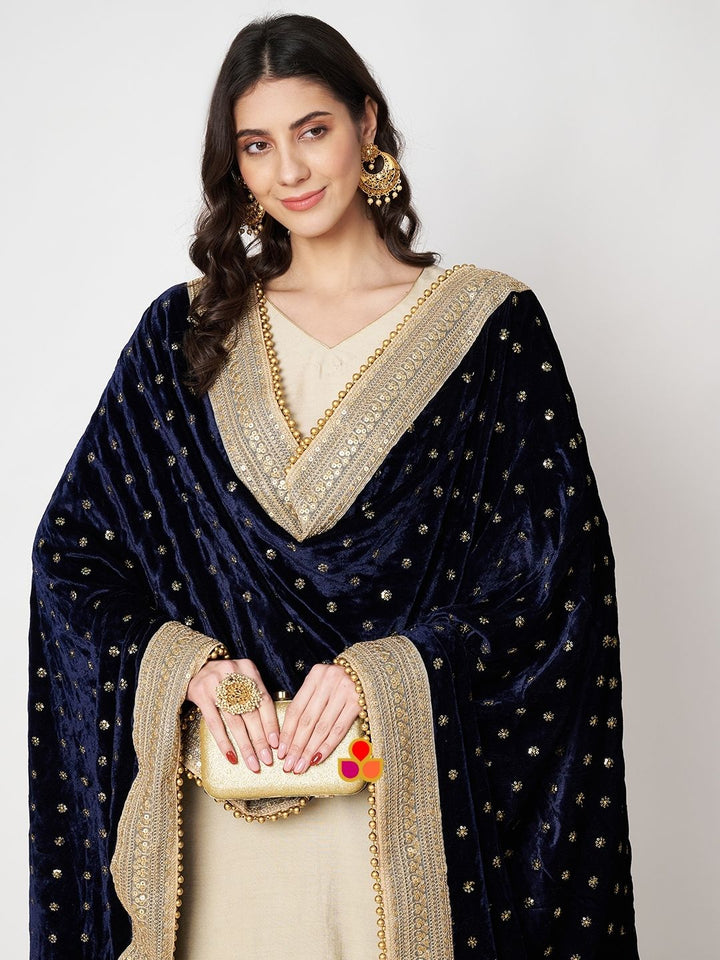 anokherang Dupattas Bridal Afsana Blue Embroidered Sequin Velvet Dupatta