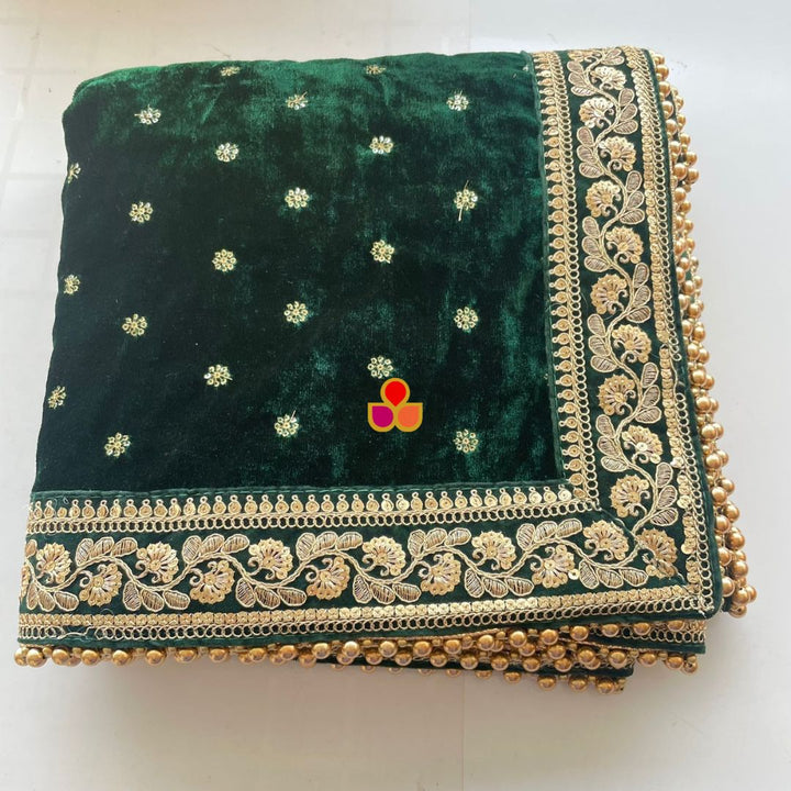anokherang Dupattas Bridal Afsana Green Embroidered Sequin Velvet Dupatta
