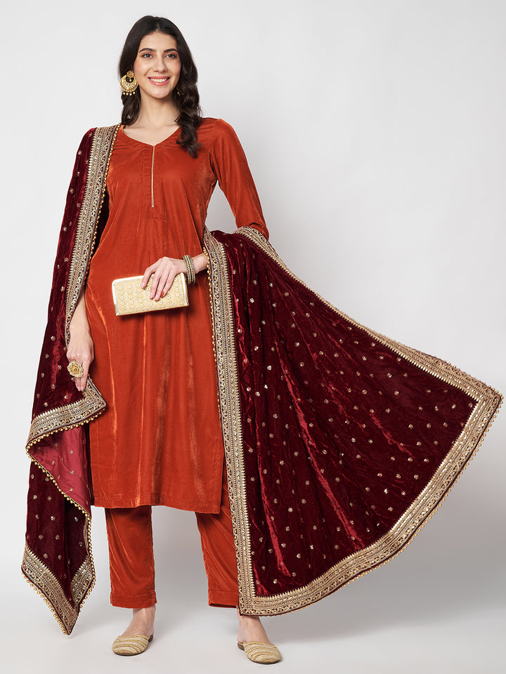anokherang Dupattas Bridal Afsana Maroon Embroidered Sequin Velvet Dupatta