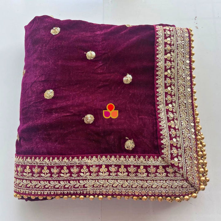 anokherang Dupattas Bridal Afsana Wine Embroidered Sequin Velvet Dupatta