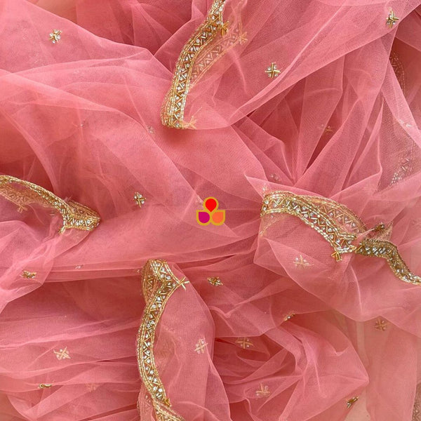 anokherang Dupattas Bridal Baby Pink Beauty Hand Embroidered Trail Scalloped Net Dupatta