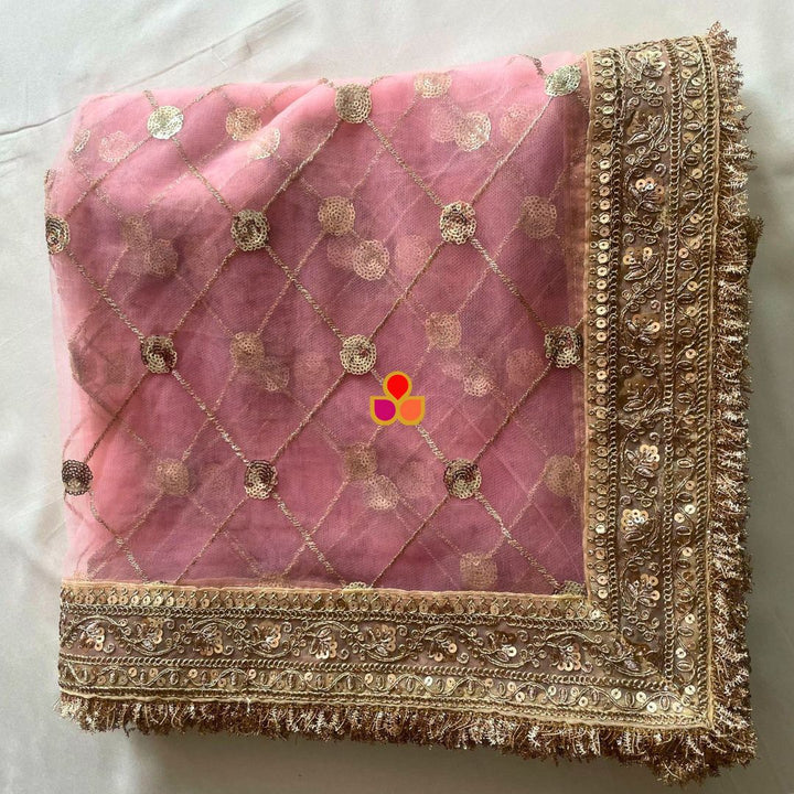 anokherang Dupattas Bridal Baby Pink Criss-Cross Sequin Net Fringed Dupatta