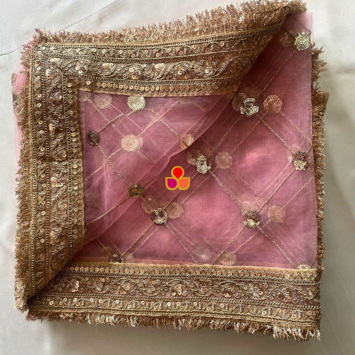 anokherang Dupattas Bridal Baby Pink Criss-Cross Sequin Net Fringed Dupatta