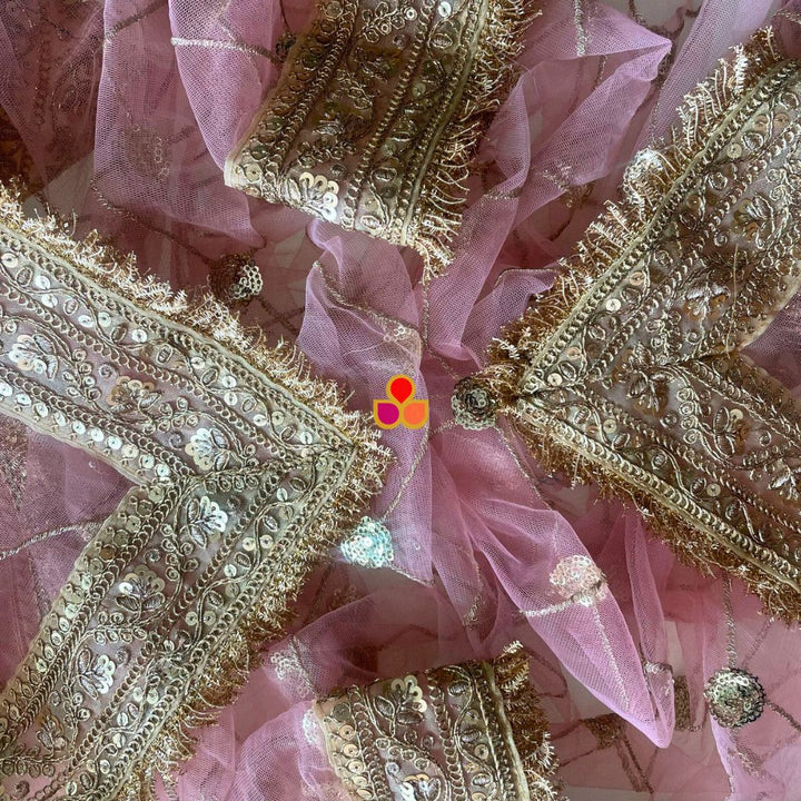 anokherang Dupattas Bridal Baby Pink Criss-Cross Sequin Net Fringed Dupatta