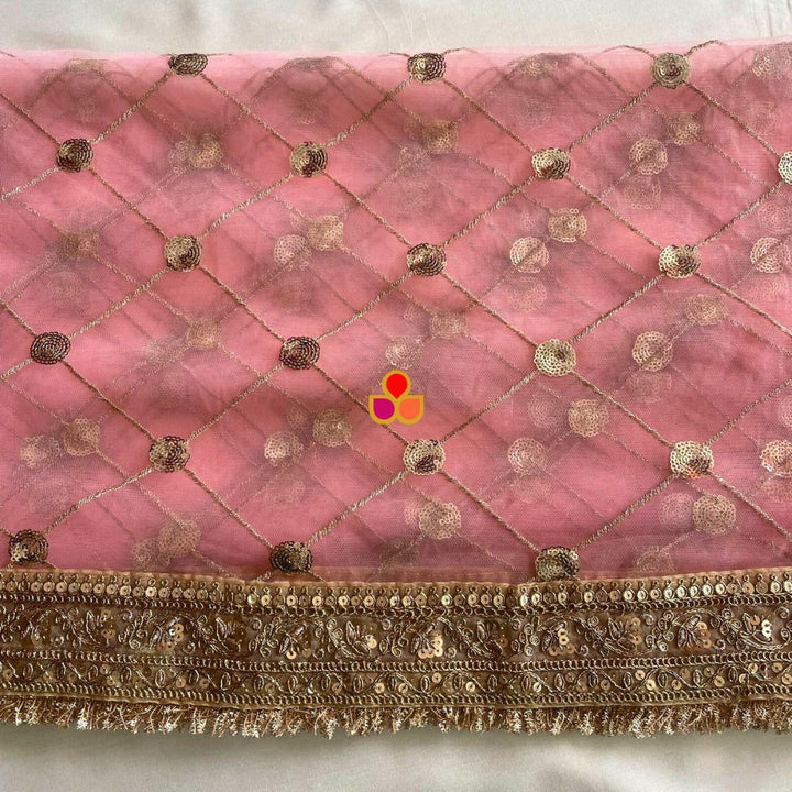 anokherang Dupattas Bridal Baby Pink Criss-Cross Sequin Net Fringed Dupatta