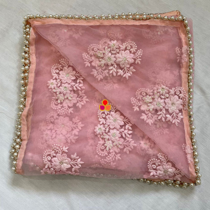 anokherang Dupattas Bridal Baby Pink Floral Gold Embroidered Net Dupatta