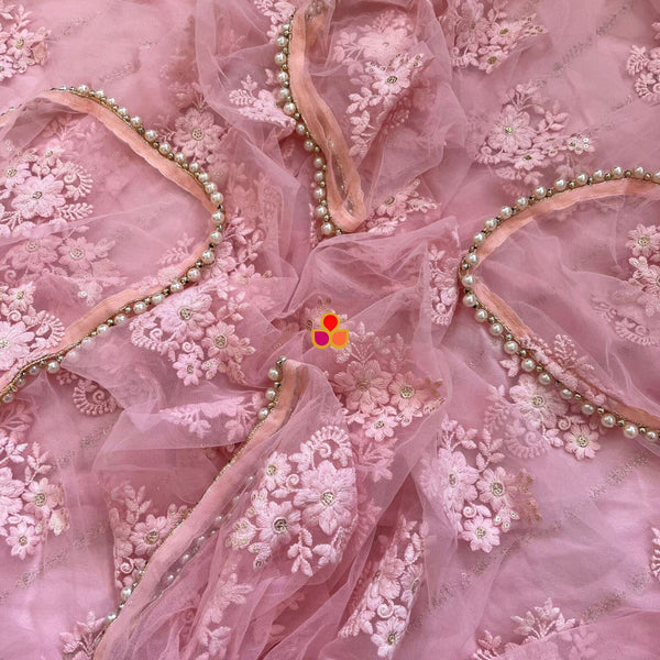 anokherang Dupattas Bridal Baby Pink Floral Gold Embroidered Net Dupatta