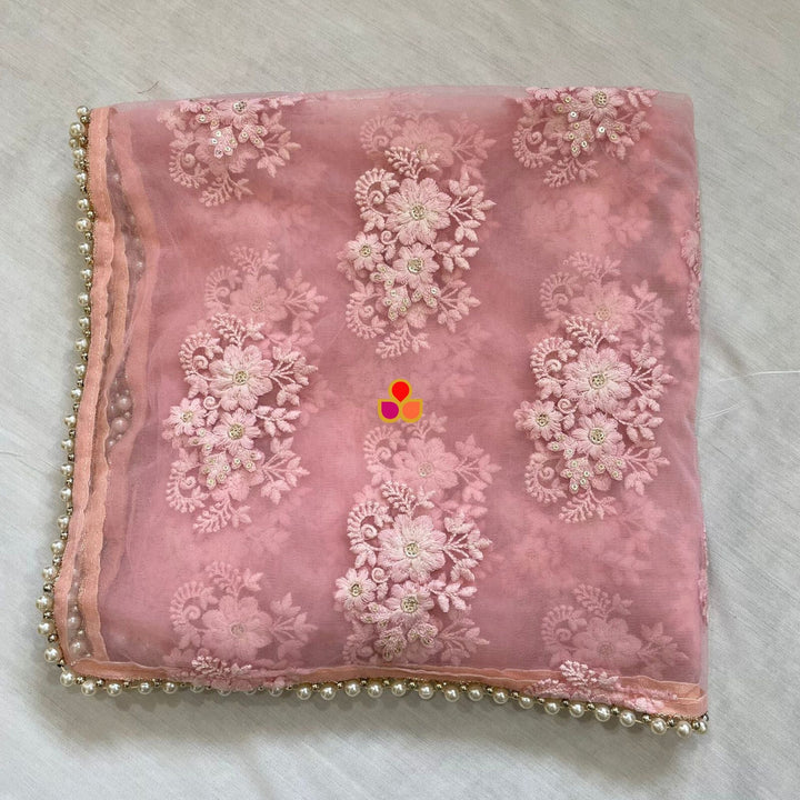 anokherang Dupattas Bridal Baby Pink Floral Gold Embroidered Net Dupatta