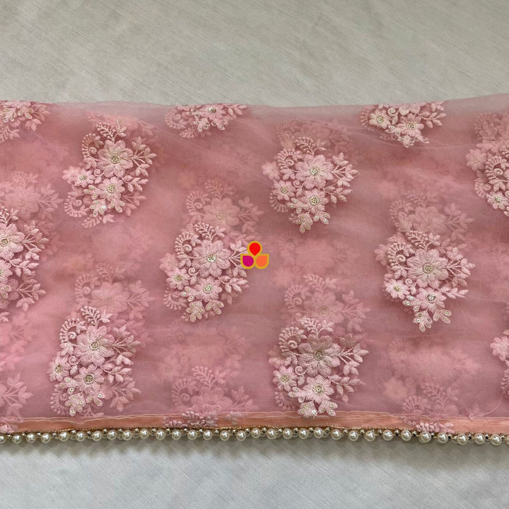 anokherang Dupattas Bridal Baby Pink Floral Gold Embroidered Net Dupatta