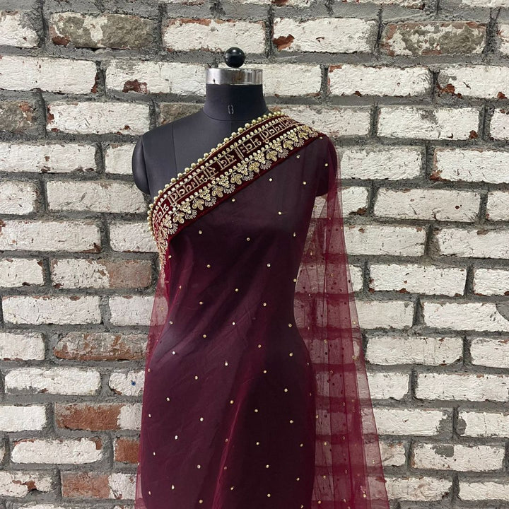 anokherang Dupattas Bridal Beauty Maroon Stone Saubhaugyavati Net Dupatta