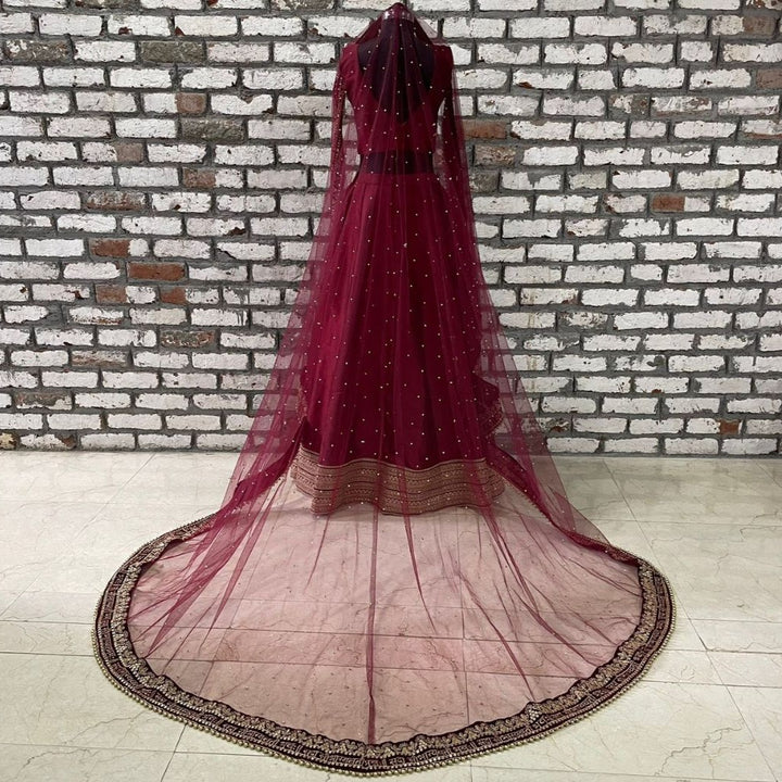 anokherang Dupattas Bridal Beauty Maroon Trail Stone Saubhaugyavati Net Dupatta