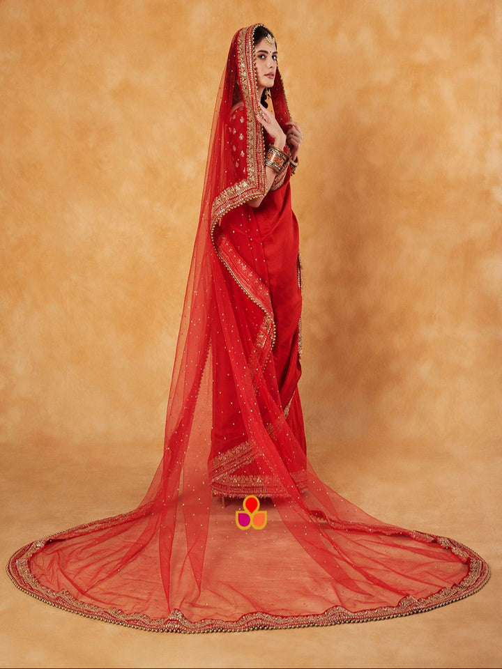 anokherang Dupattas Bridal Beauty Red Trail Stone Saubhaugyavati Net Dupatta