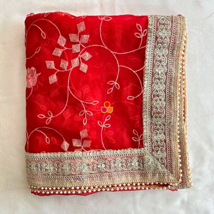 anokherang Dupattas Bridal Blossom Red Organza Dupatta