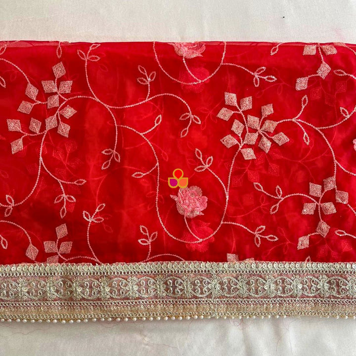 anokherang Dupattas Bridal Blossom Red Organza Dupatta